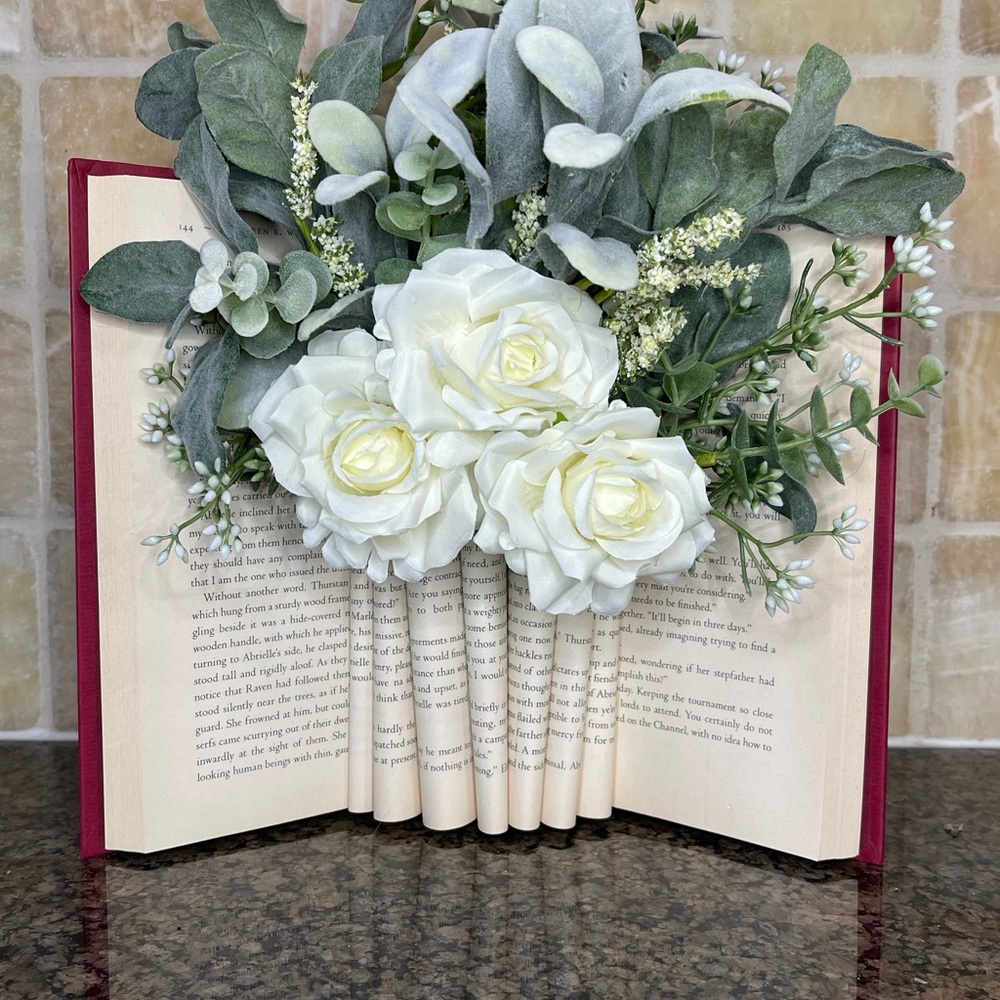 White Rose and Greenery Book Floral Accent - Book Vase